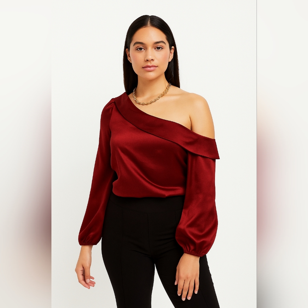 WAYF One-Shoulder Satin XS Ruby Red Casual Fit Blouse